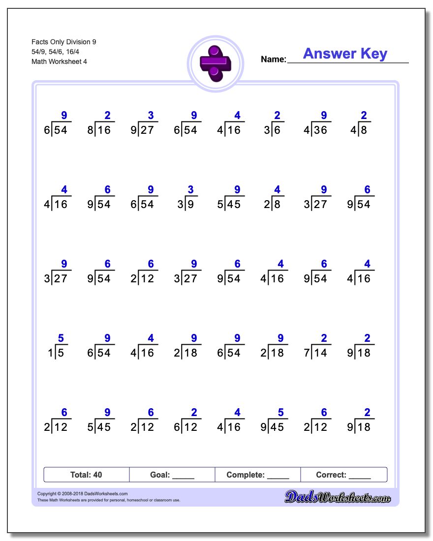 Facts Only Division Worksheet 9 54/9, 54/6, 16/4