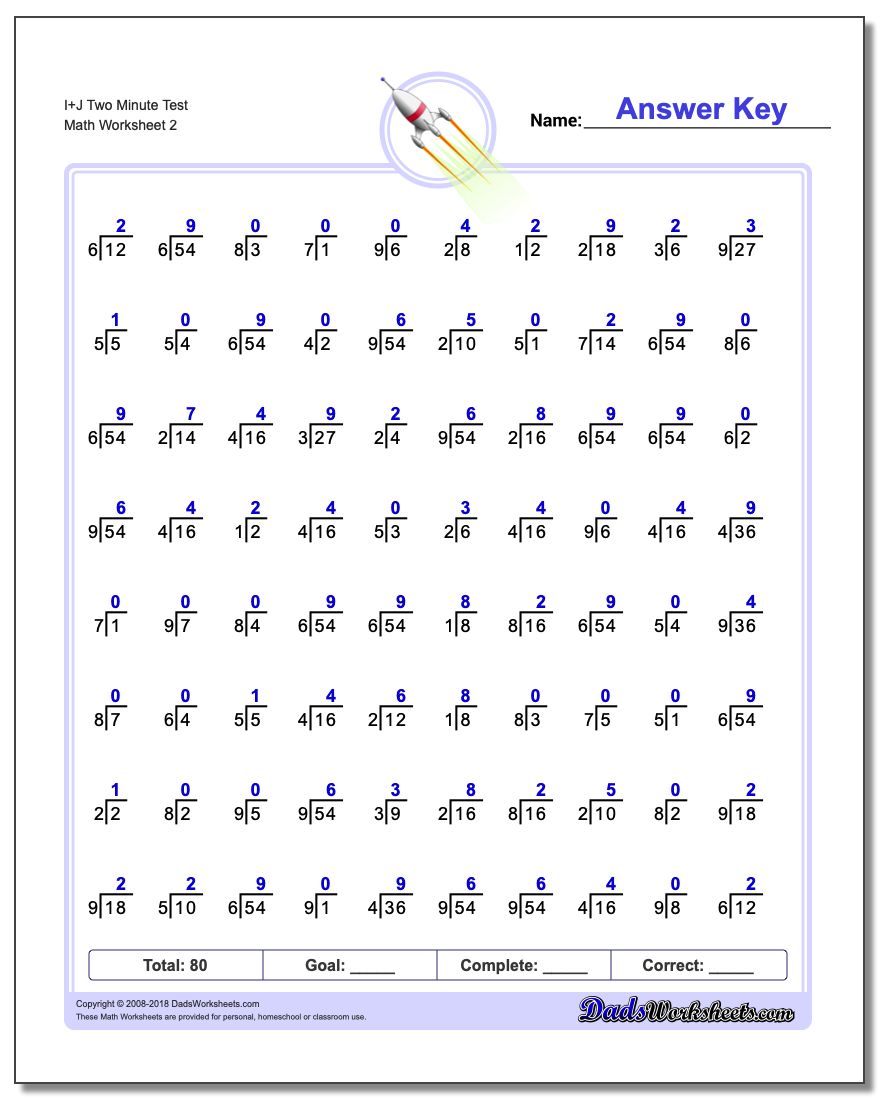 I+J Two Minute Test www.dadsworksheets.com/worksheets/division.html Worksheet