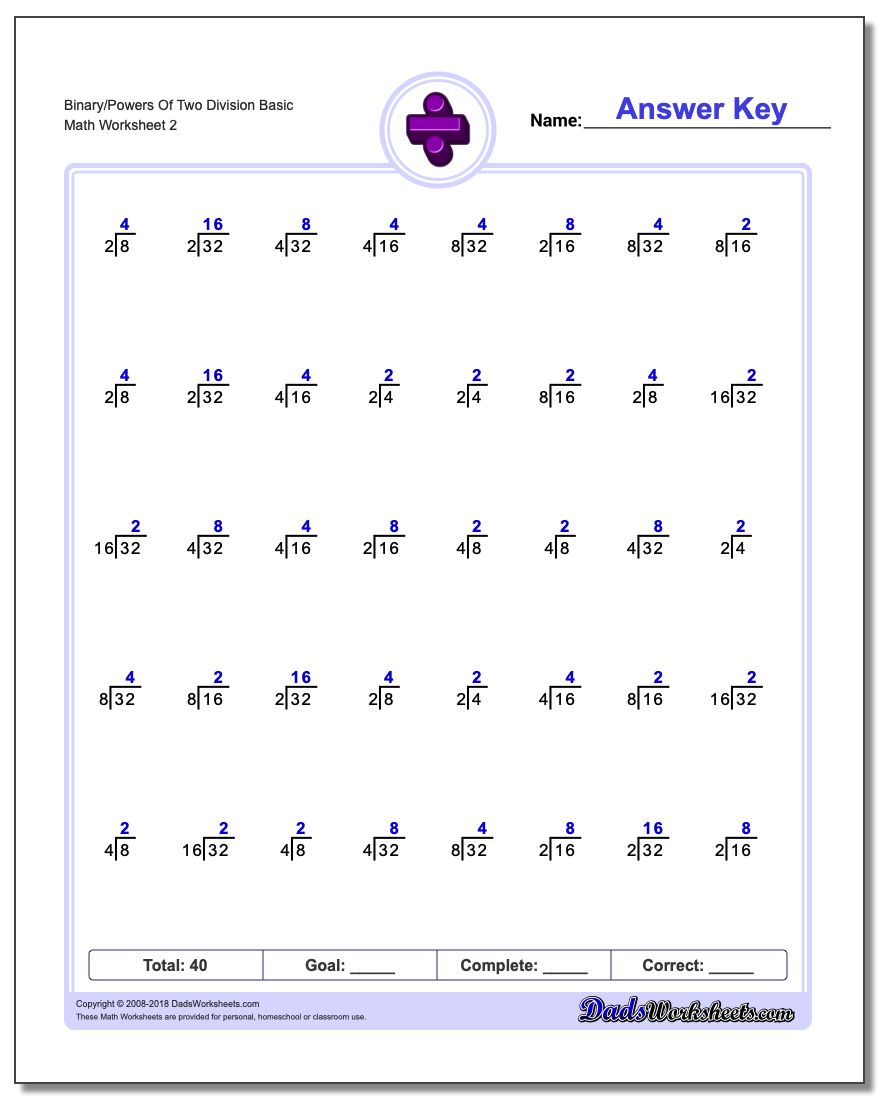 Binary/Powers Of Two Division Worksheet Basic www.dadsworksheets.com/worksheets/division.html