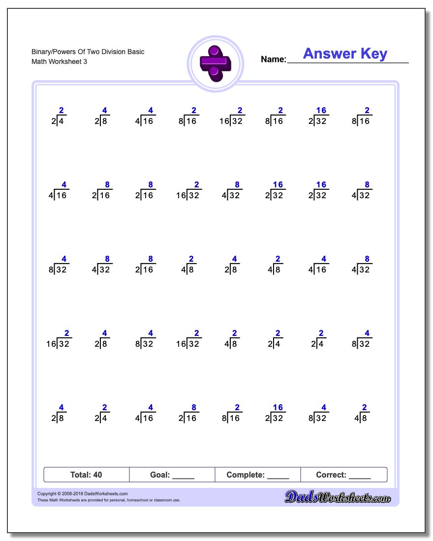 Binary/Powers Of Two Division Worksheet Basic