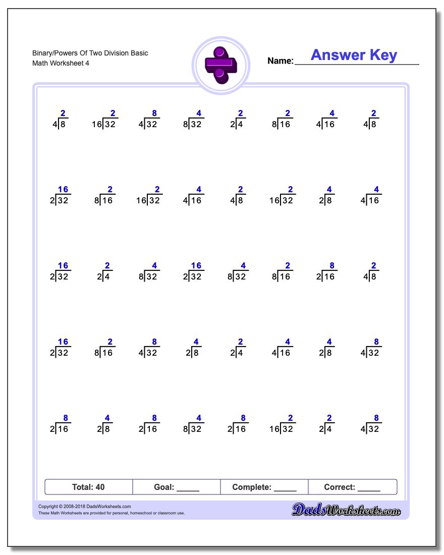 Binary/Powers Of Two Division Worksheet Basic