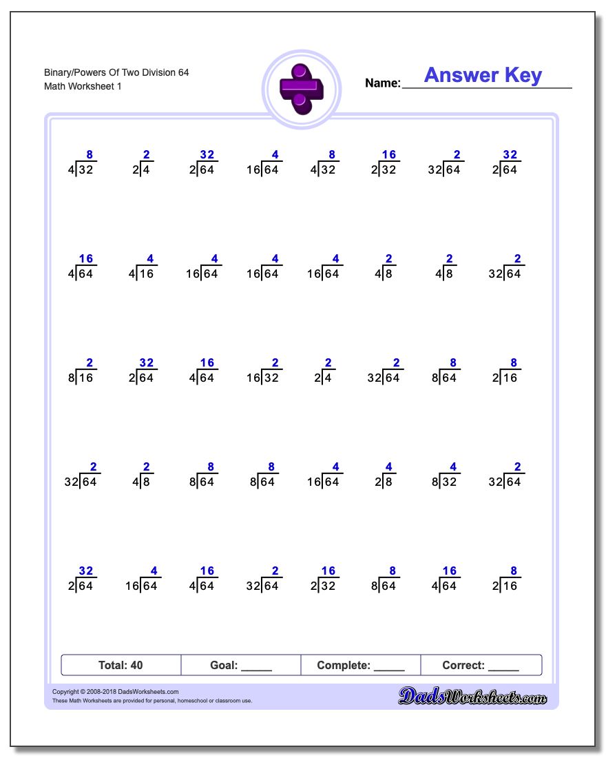 Division Worksheet Binary/Powers Of Two 64