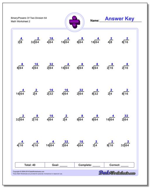 math worksheets division division binarypowers of two division 64