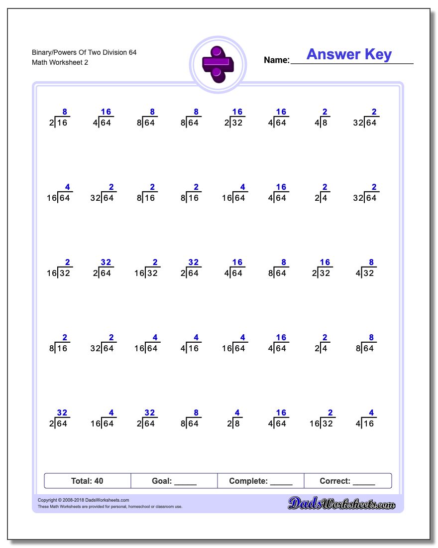 Binary/Powers Of Two Division Worksheet 64 www.dadsworksheets.com/worksheets/division.html