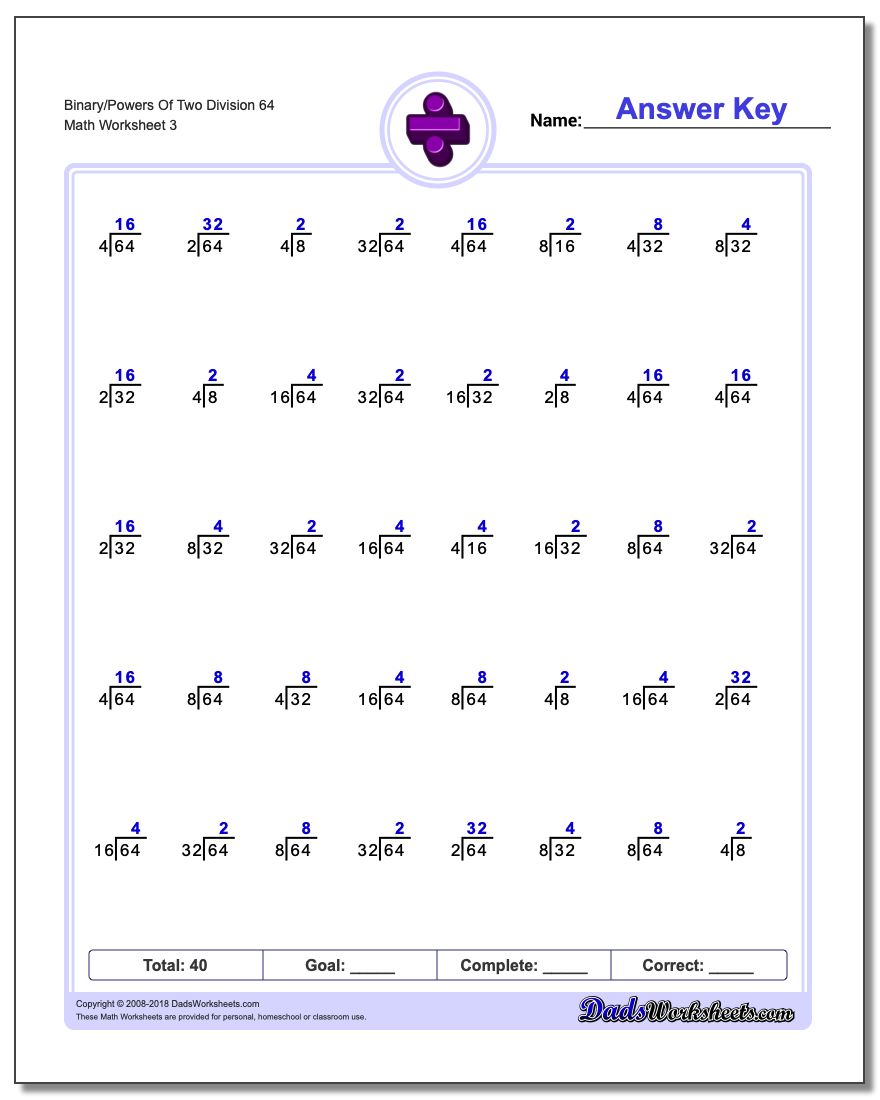 Binary/Powers Of Two Division Worksheet 64