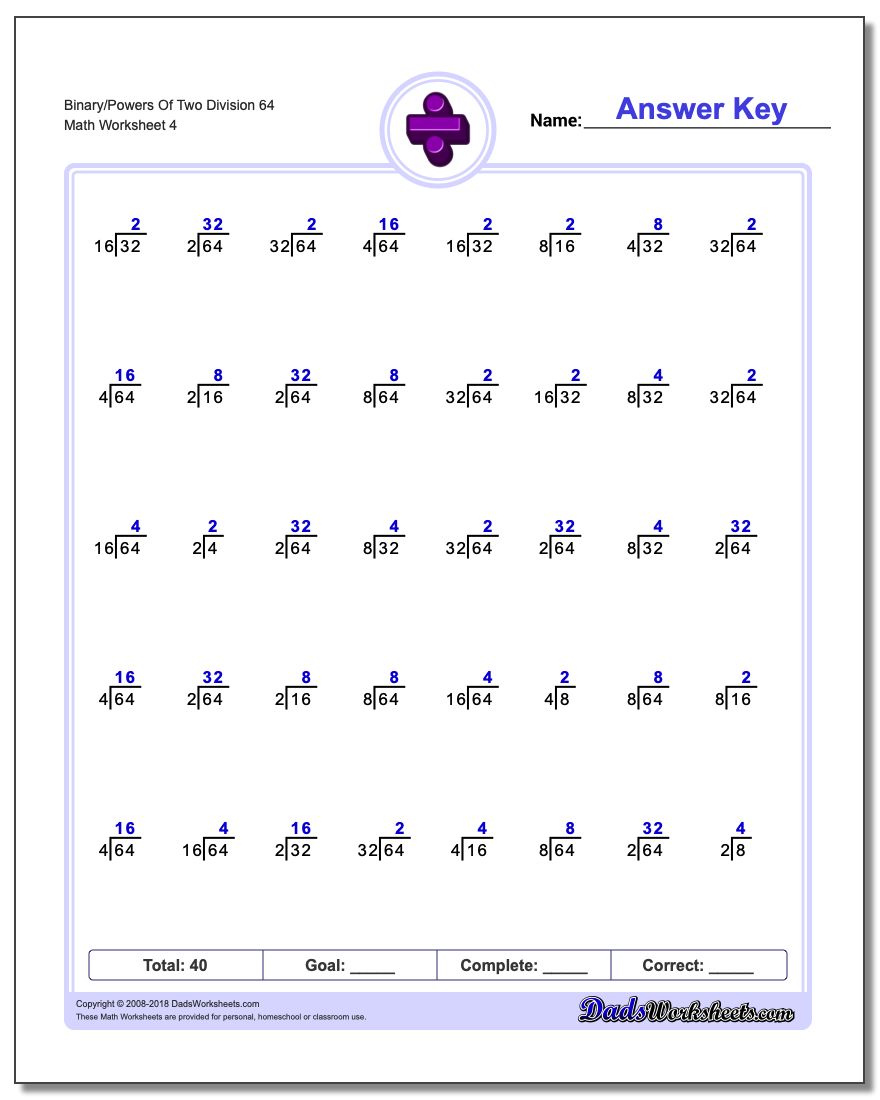 Binary/Powers Of Two Division Worksheet 64
