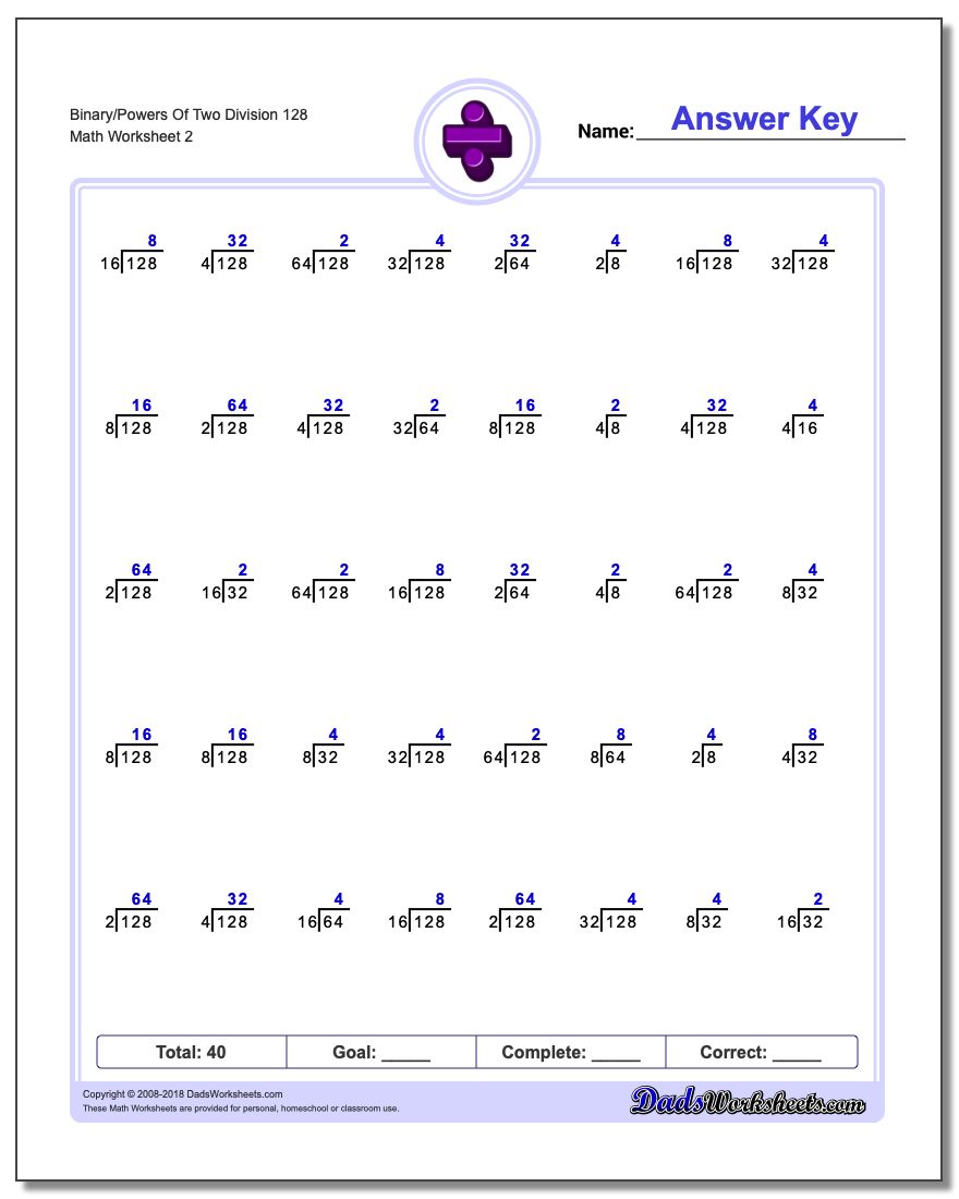 Binary/Powers Of Two Division Worksheet 128 www.dadsworksheets.com/worksheets/division.html
