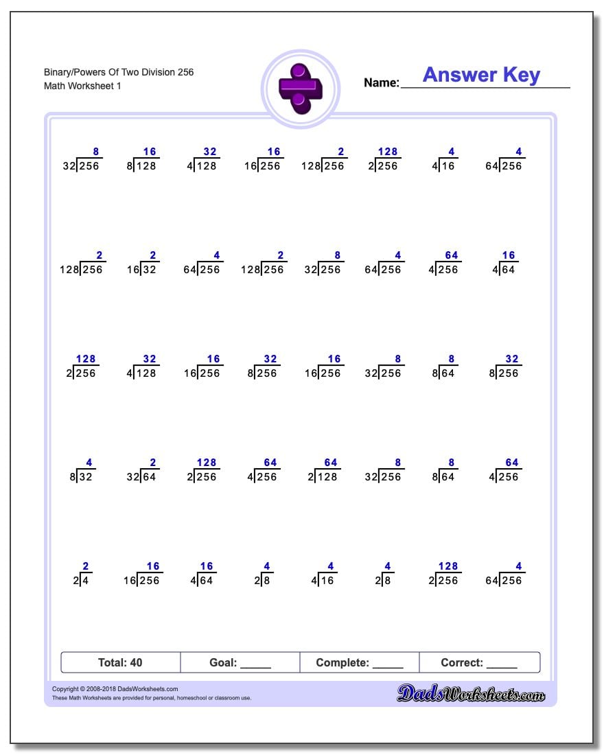 Division Worksheet Binary/Powers Of Two 256