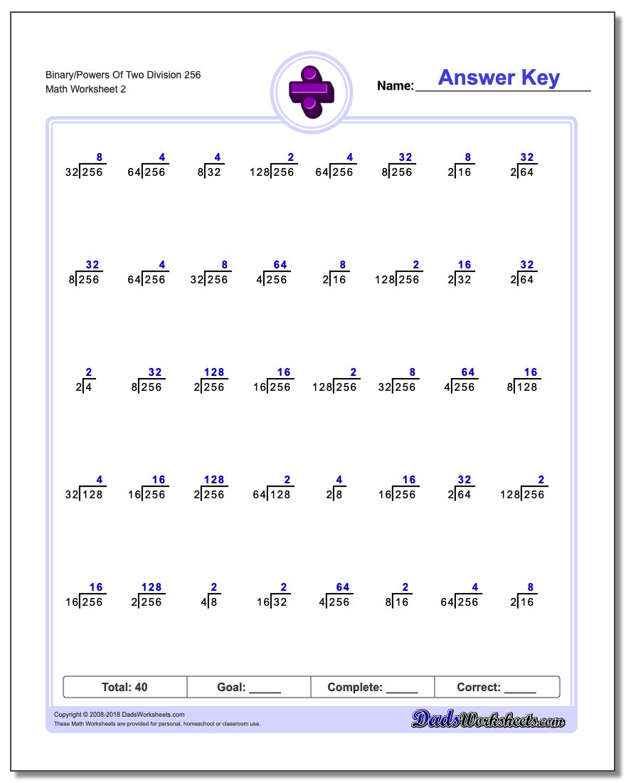 Binary/Powers Of Two Division Worksheet 256 www.dadsworksheets.com/worksheets/division.html