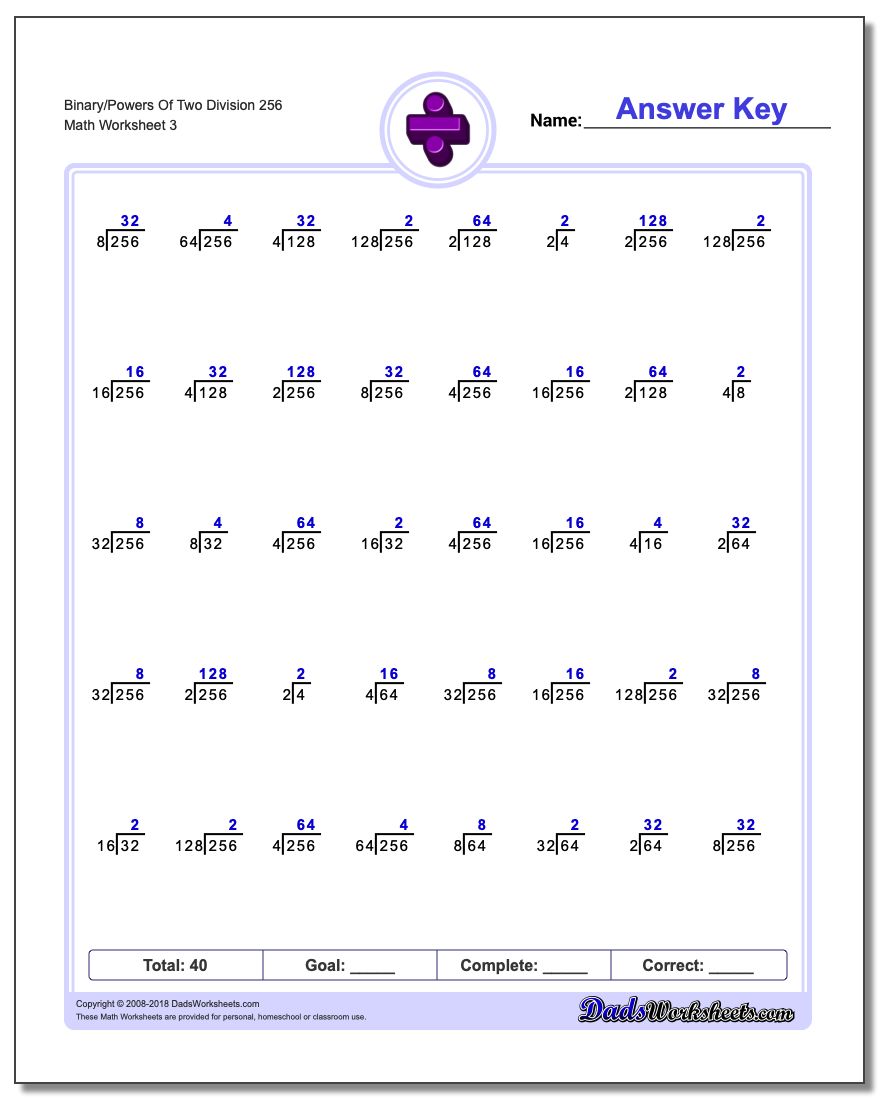 Binary/Powers Of Two Division Worksheet 256