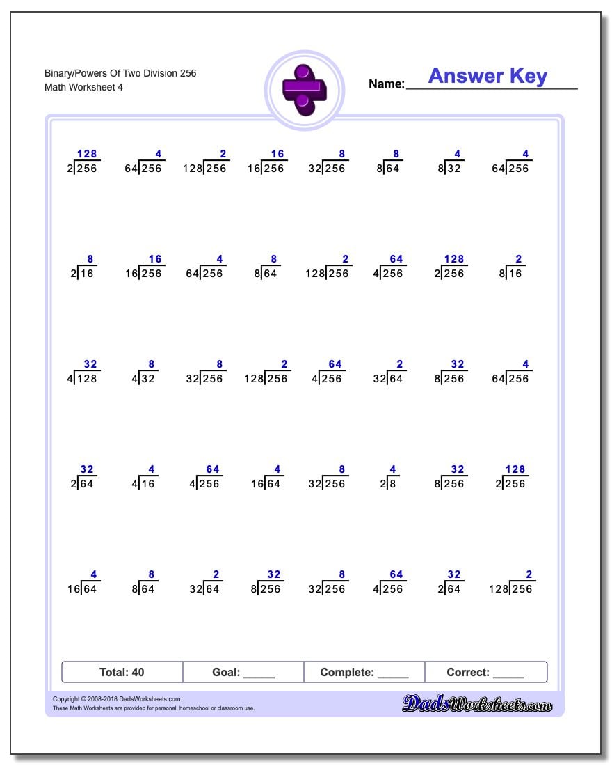 Binary/Powers Of Two Division Worksheet 256
