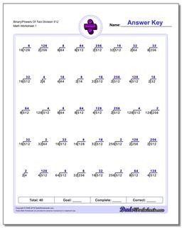 Division Worksheet Binary/Powers Of Two 512