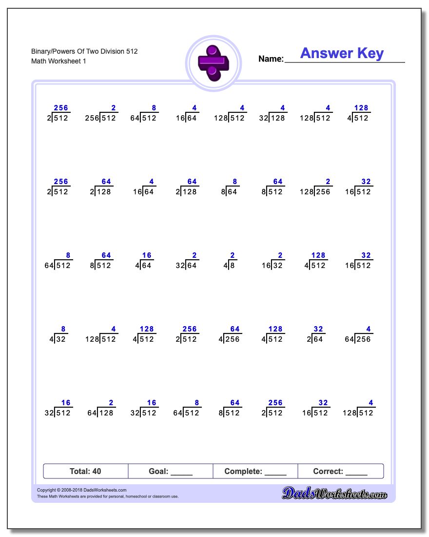 Division Worksheet Binary/Powers Of Two 512
