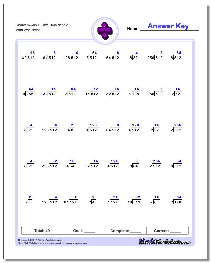 Binary/Powers Of Two Division Worksheet 512 www.dadsworksheets.com/worksheets/division.html