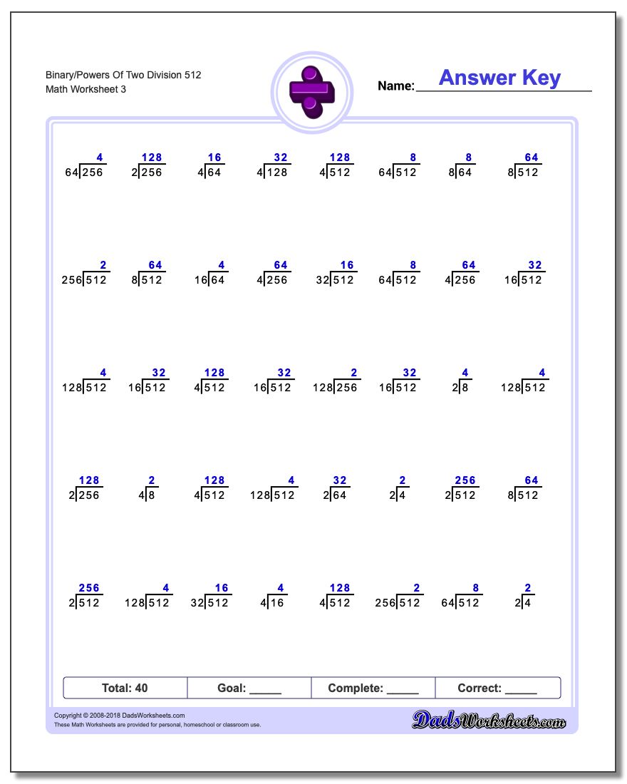 Binary/Powers Of Two Division Worksheet 512