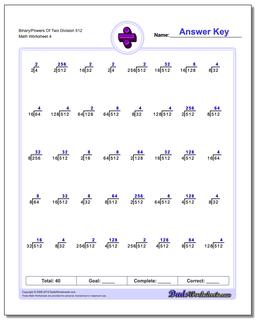 Binary/Powers Of Two Division Worksheet 512
