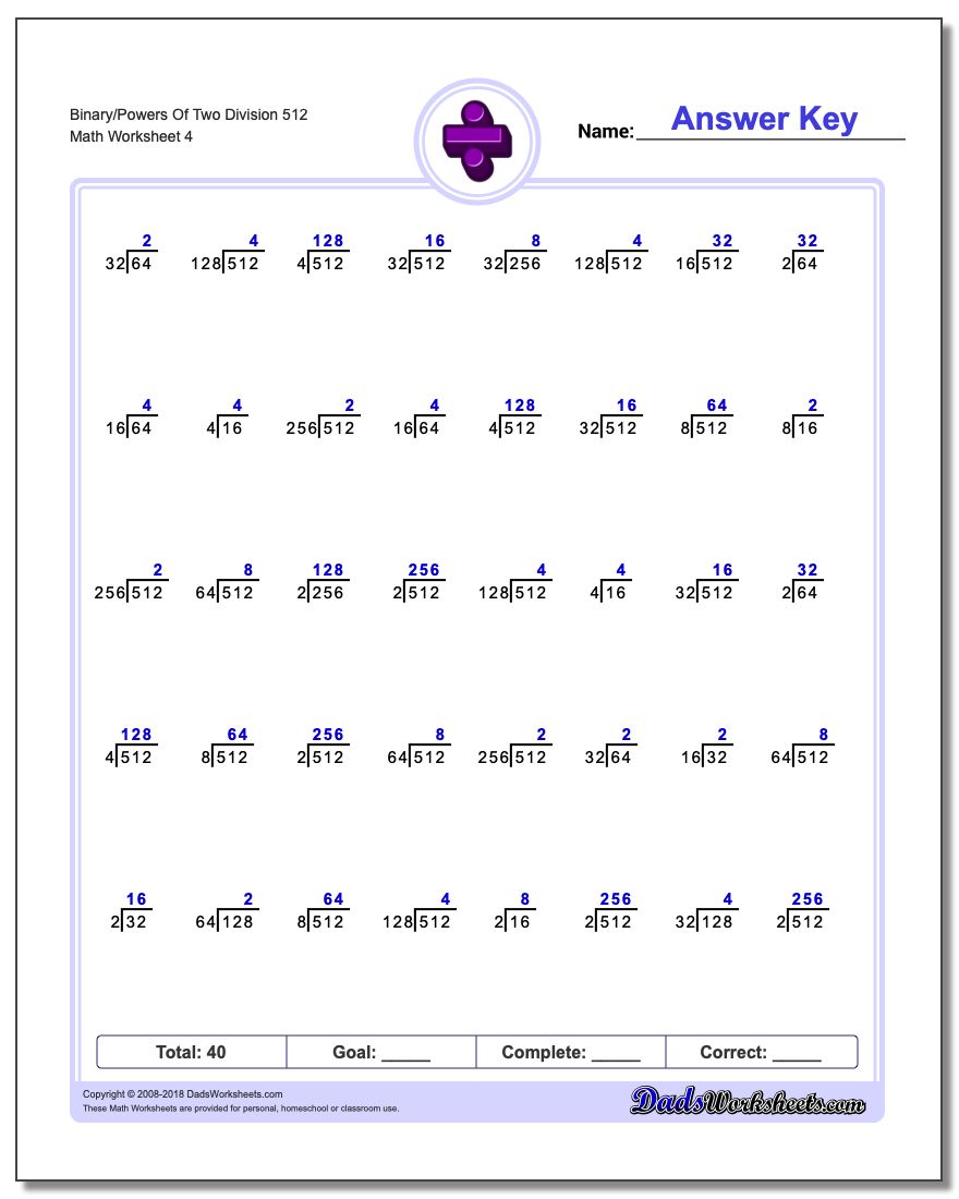 Binary/Powers Of Two Division Worksheet 512