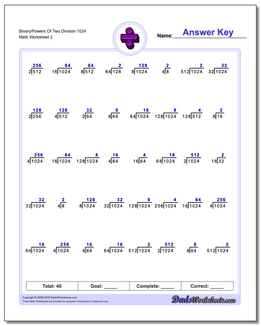 Binary/Powers Of Two Division Worksheet 1024 www.dadsworksheets.com/worksheets/division.html