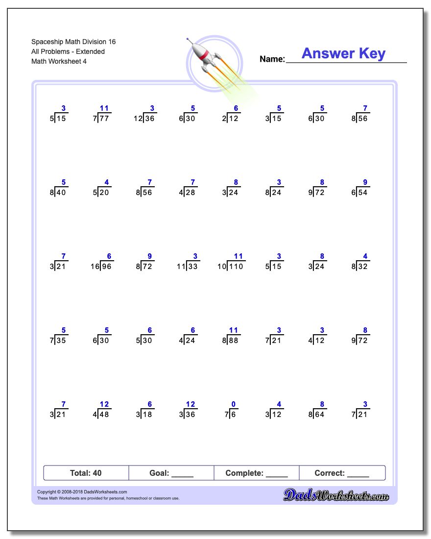 Spaceship Math Division Worksheet 16 All Problems WorksheetExtended