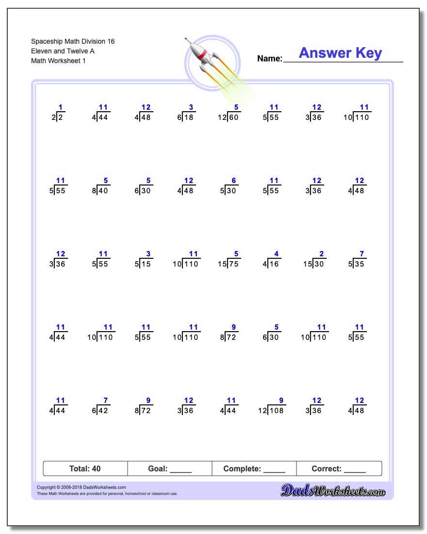 Division Worksheet Spaceship Math 16 Eleven and Twelve A