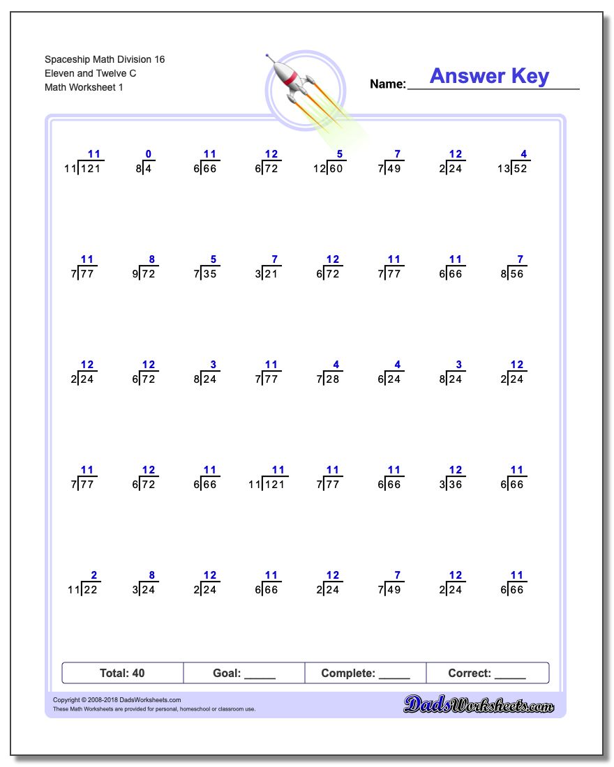 Division Worksheet Spaceship Math 16 Eleven and Twelve C