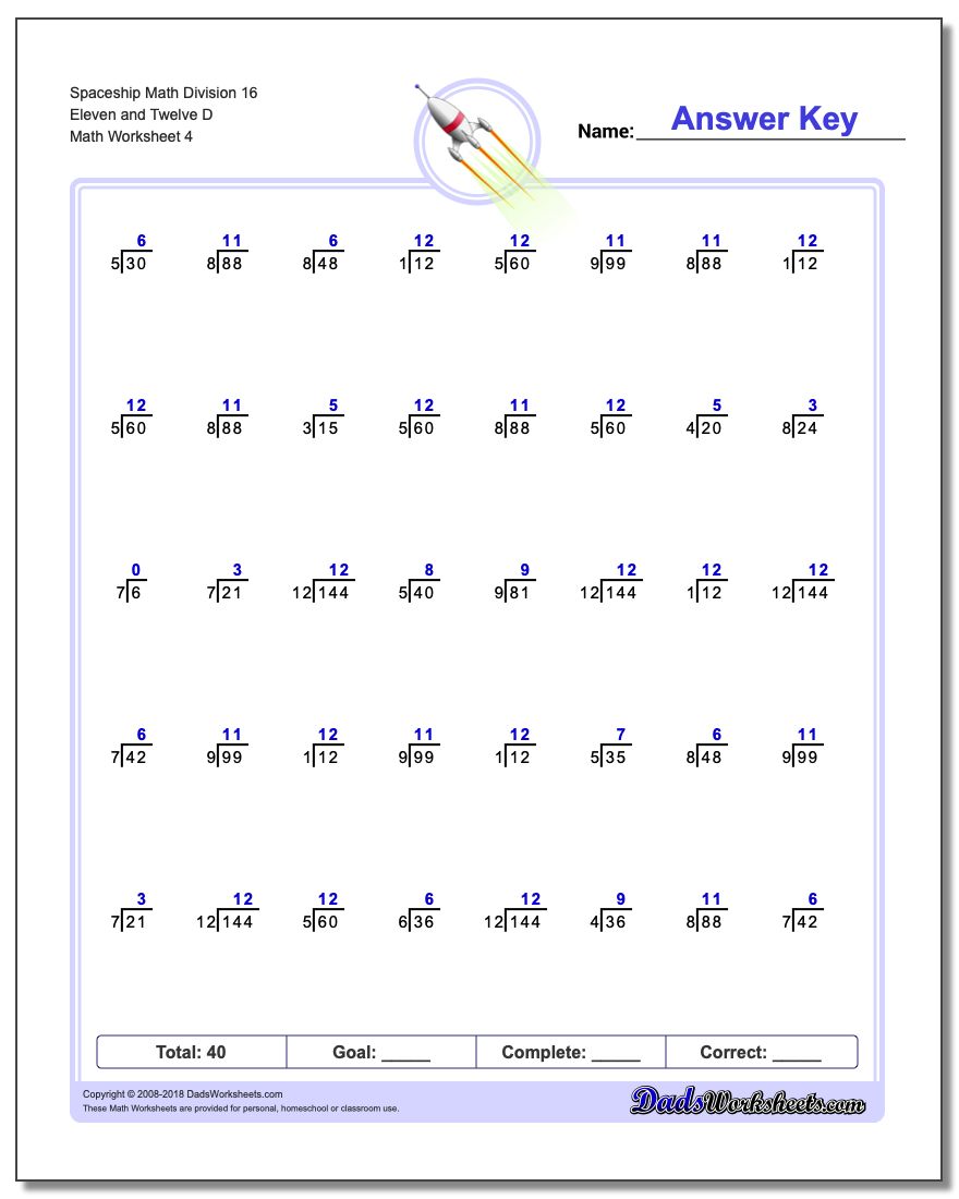Spaceship Math Division Worksheet 16 Eleven and Twelve D