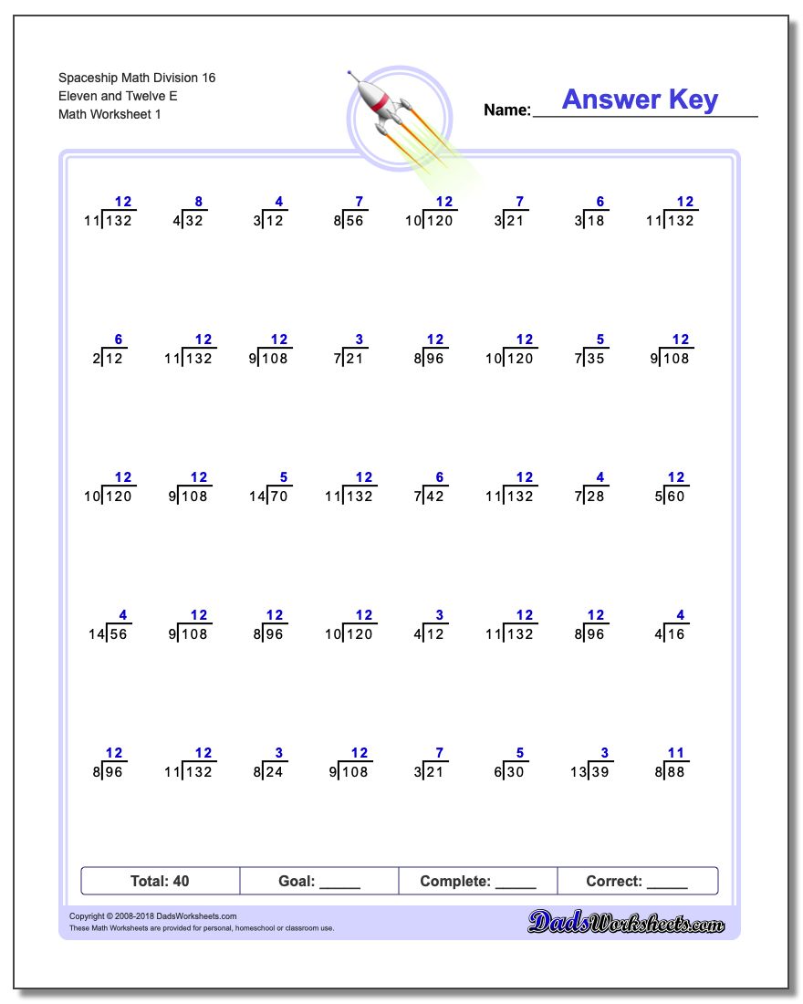 Division Worksheet Spaceship Math 16 Eleven and Twelve E
