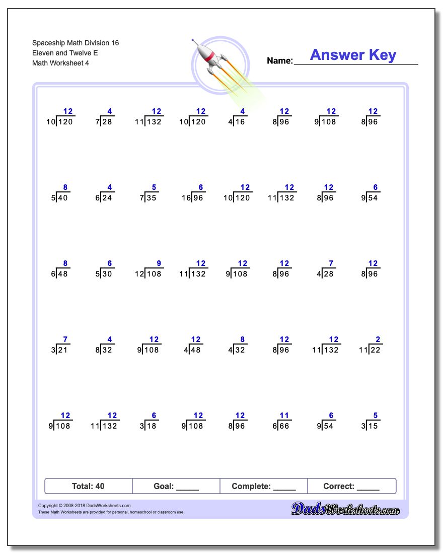 Spaceship Math Division Worksheet 16 Eleven and Twelve E