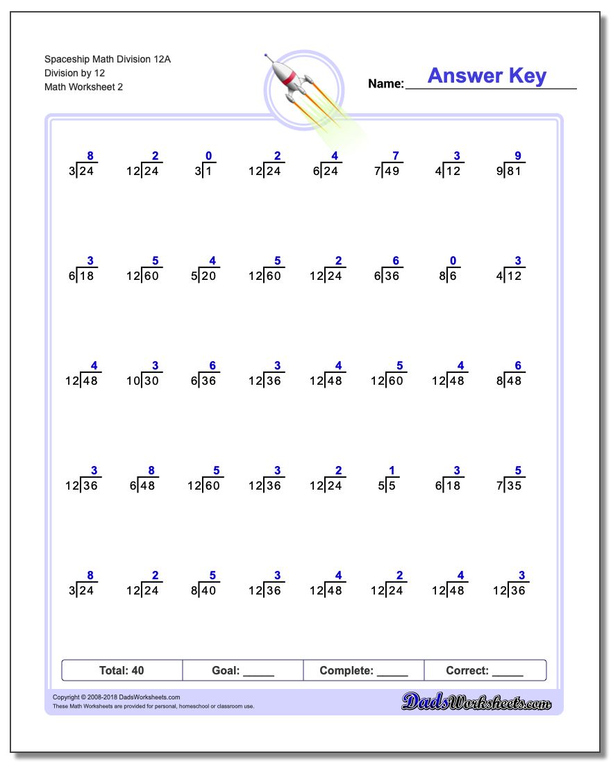 Spaceship Math Division Worksheet 12A Division by 12 www.dadsworksheets.com/worksheets/division.html