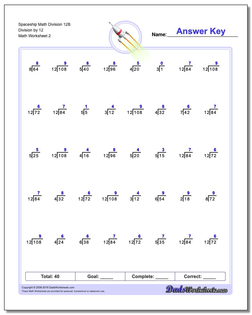 Spaceship Math Division Worksheet 12B Division by 12 www.dadsworksheets.com/worksheets/division.html