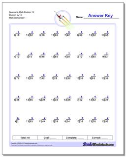 Division Worksheet Spaceship Math 13 by 13