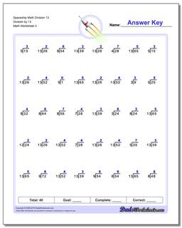 Spaceship Math Division Worksheet 13 Division by 13