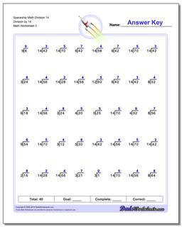 Spaceship Math Division Worksheet 14 Division by 14