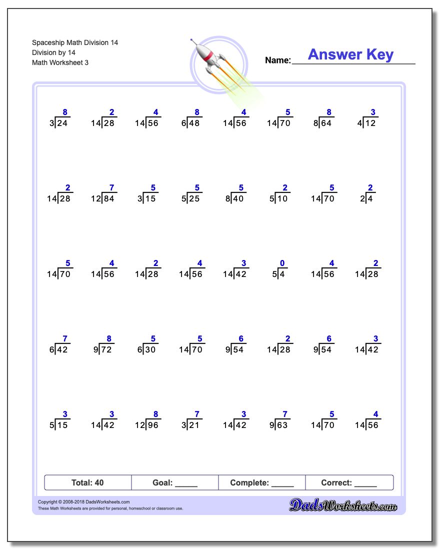 Spaceship Math Division Worksheet 14 Division by 14