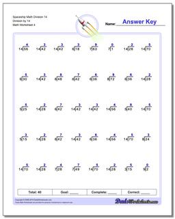 Spaceship Math Division Worksheet 14 Division by 14