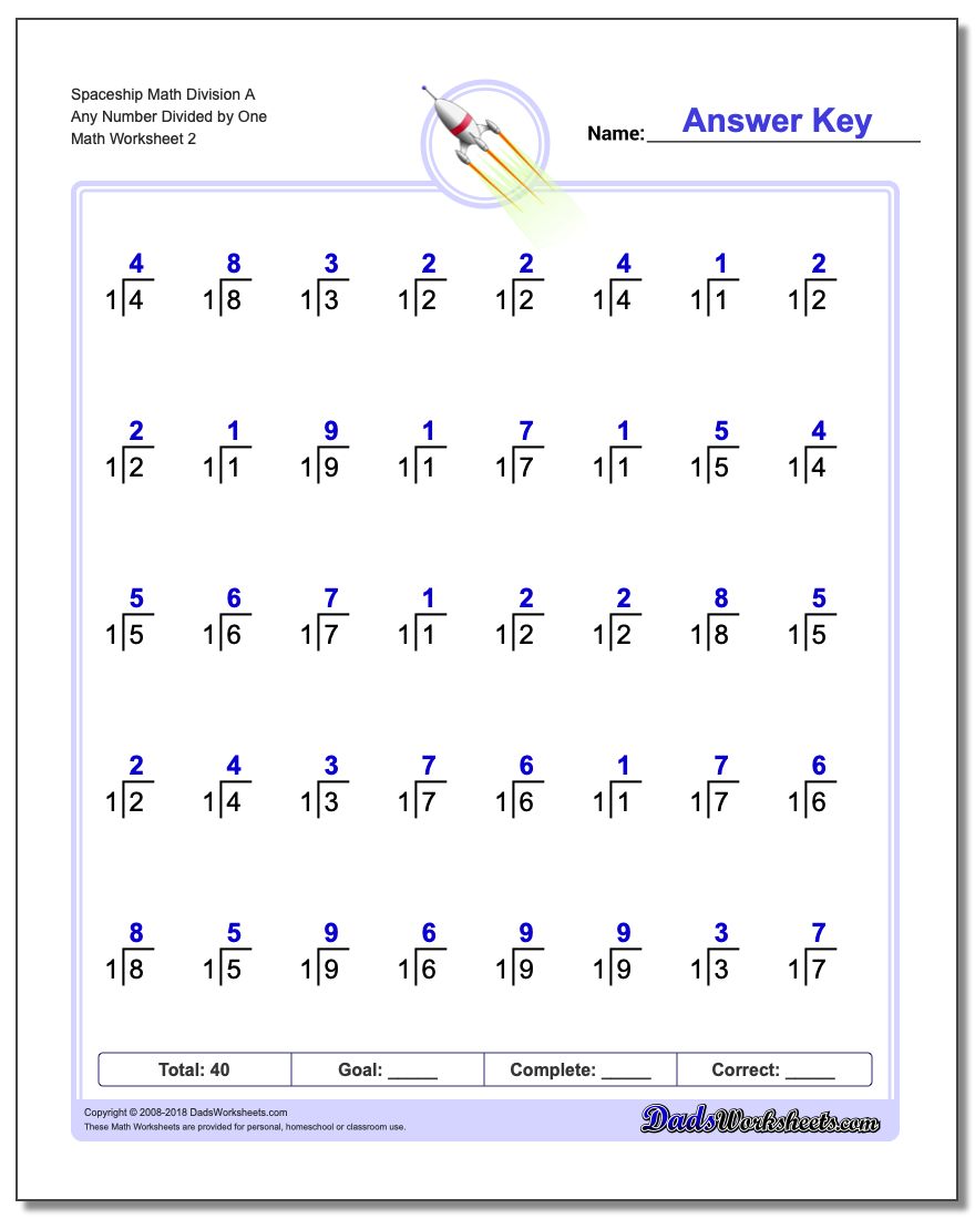 Spaceship Math Division Worksheet A Any Number Divided by One www.dadsworksheets.com/worksheets/division.html