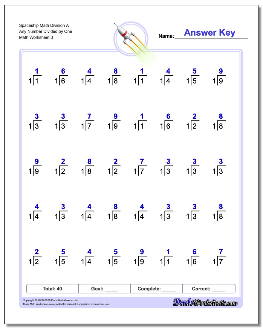 Spaceship Math Division Worksheet A Any Number Divided by One