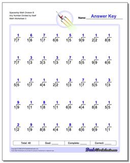 Spaceship Math Division Worksheet B Any Number Divided by Itself