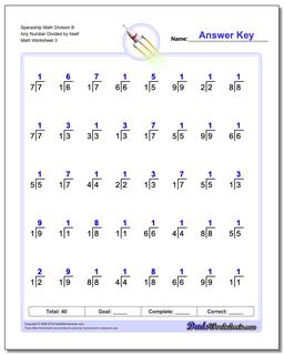 Spaceship Math Division Worksheet B Any Number Divided by Itself