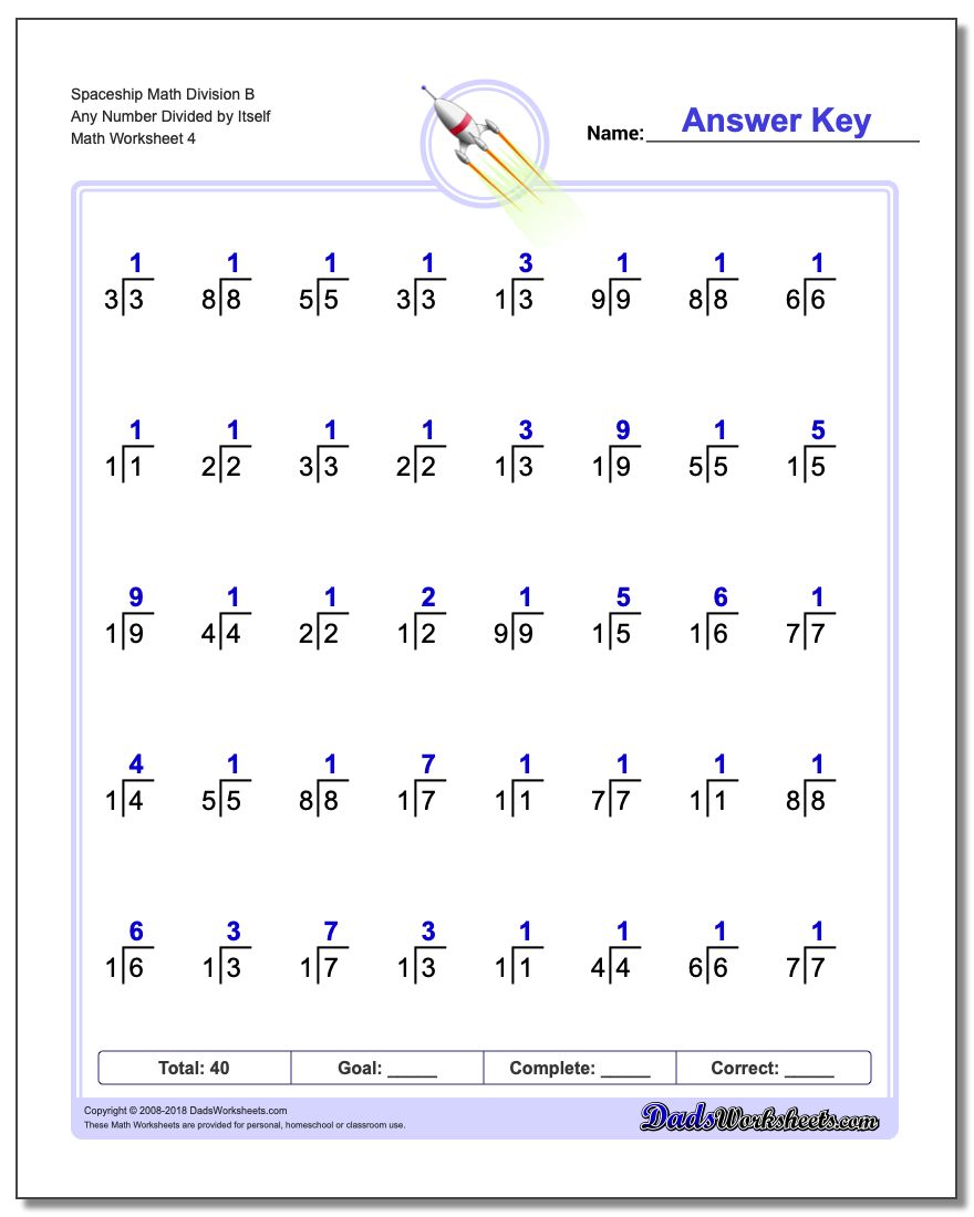 Spaceship Math Division Worksheet B Any Number Divided by Itself