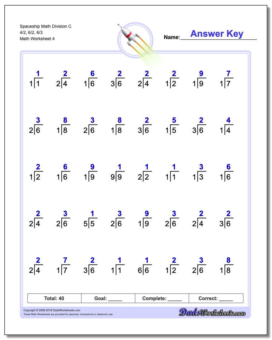 Spaceship Math Division Worksheet C 4/2, 6/2, 6/3
