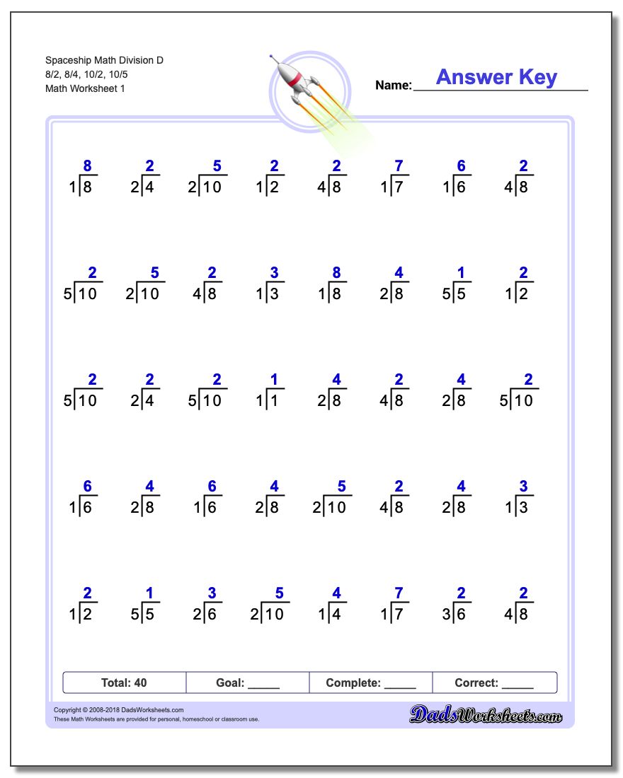 Division Worksheet Spaceship Math D 8/2, 8/4, 10/2, 10/5