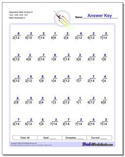 Spaceship Math Division Worksheet E 12/2, 12/6, 14/2, 14/7