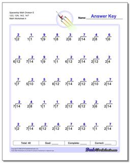 Spaceship Math Division Worksheet E 12/2, 12/6, 14/2, 14/7