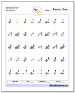 Spaceship Math Division Worksheet E 12/2, 12/6, 14/2, 14/7