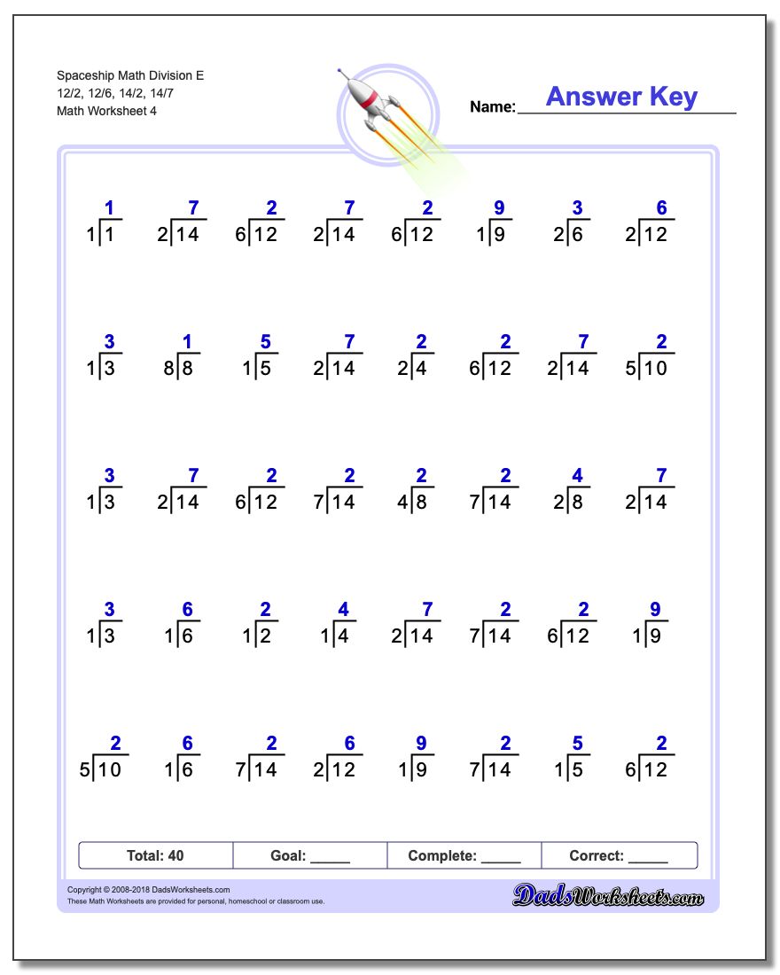Spaceship Math Division Worksheet E 12/2, 12/6, 14/2, 14/7