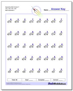 Division Worksheet Spaceship Math F 16/2, 16/8, 18/2, 18/9