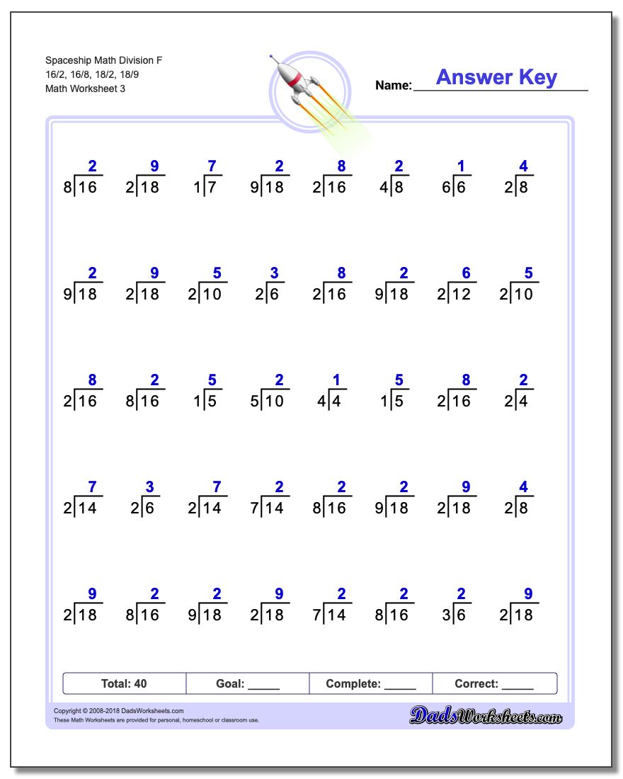 Spaceship Math Division Worksheet F 16/2, 16/8, 18/2, 18/9