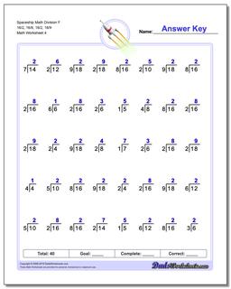 Spaceship Math Division Worksheet F 16/2, 16/8, 18/2, 18/9