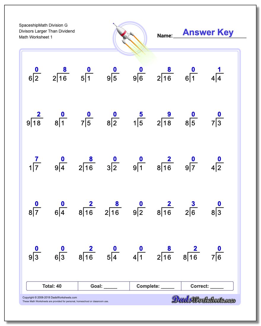 Division Worksheet SpaceshipMath G Divisors Larger Than Dividend